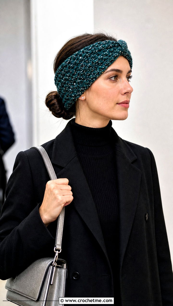 Metallic Thread Twist Crochet Ear Warmer With Minimal Outfit - 25 twist crochet ear warmer outfit ideas