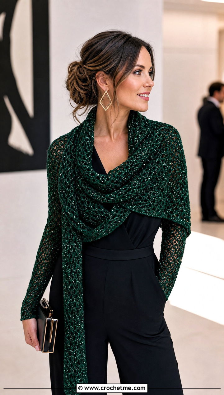 Metallic Thread Wrap Me Up Crochet Sweater Scarf With Black Jumpsuit - 15 Wrap Me Up Crochet Sweater Scarf outfit ideas