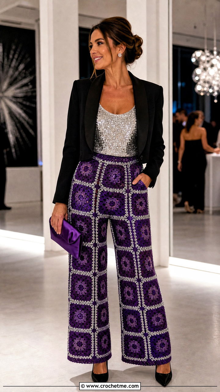 Metallic Trim Granny Square Pants With Sequin Tank - 35 granny square pants outfit ideas
