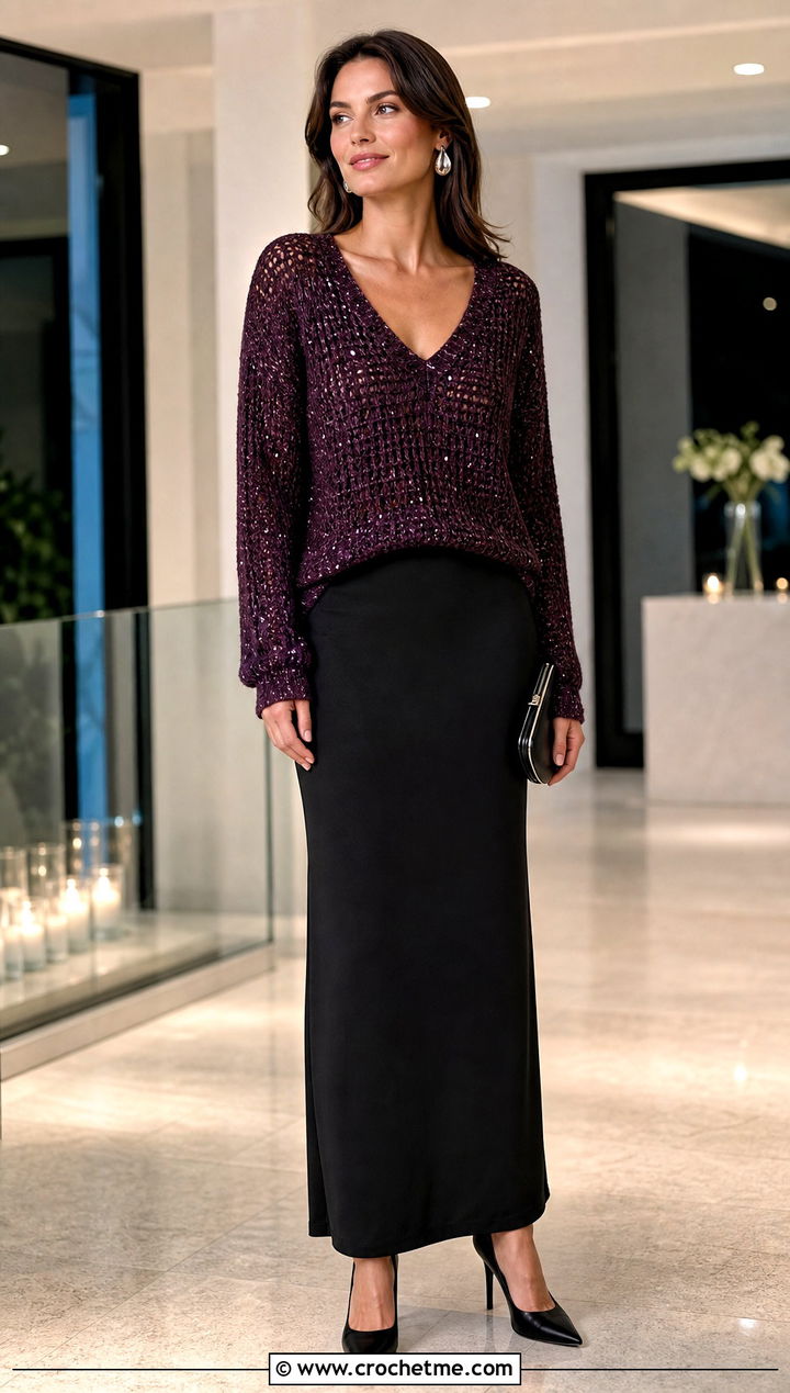 Metallic V Neck Crochet Sweater With Maxi Skirt - 35 v neck crochet sweater outfit ideas