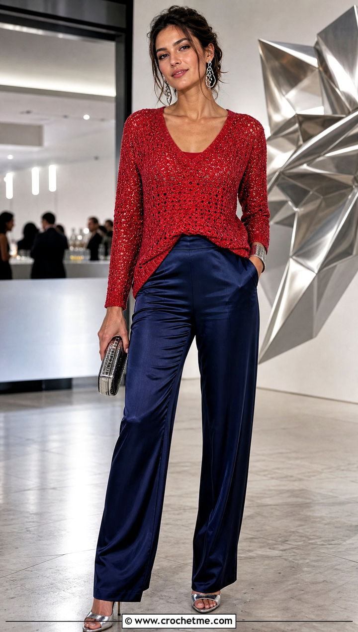 Metallic V Neck Crochet Sweater With Satin Trousers - 15 v-neck crochet sweater outfit ideas