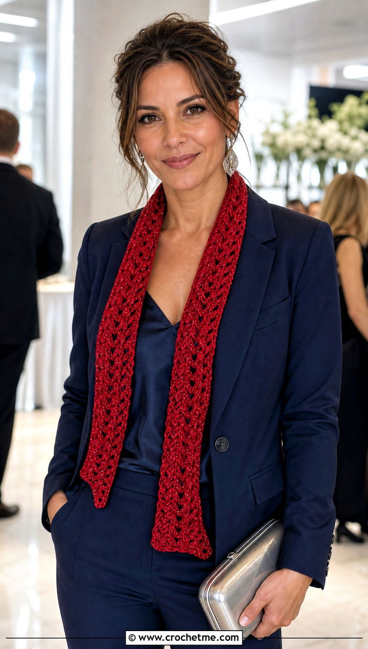Metallic V Stitch Crochet Scarf With Evening Suit - 25 v stitch crochet scarf outfit ideas