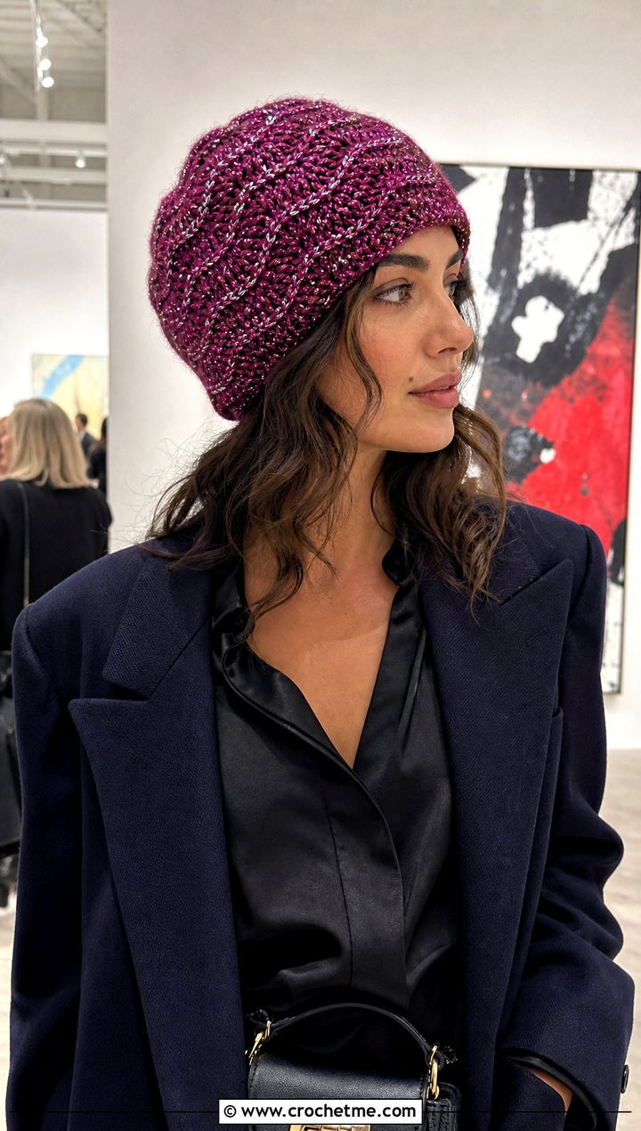 Metallic Wave Crochet Beanie With Evening Separates - 20 Wavy Crochet Beanie outfit ideas