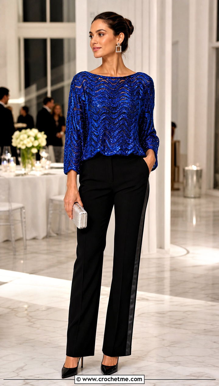 Metallic Wave Crochet Top With Tuxedo Pants - 25 wavy crochet top outfit ideas
