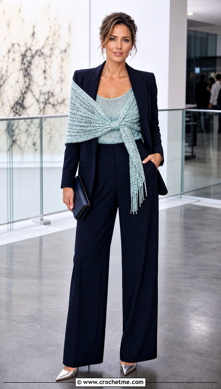 Metallic Wrap Around Shrug With Monochrome Suit - 25 crochet wrap around shrug with sleeves outfit ideas