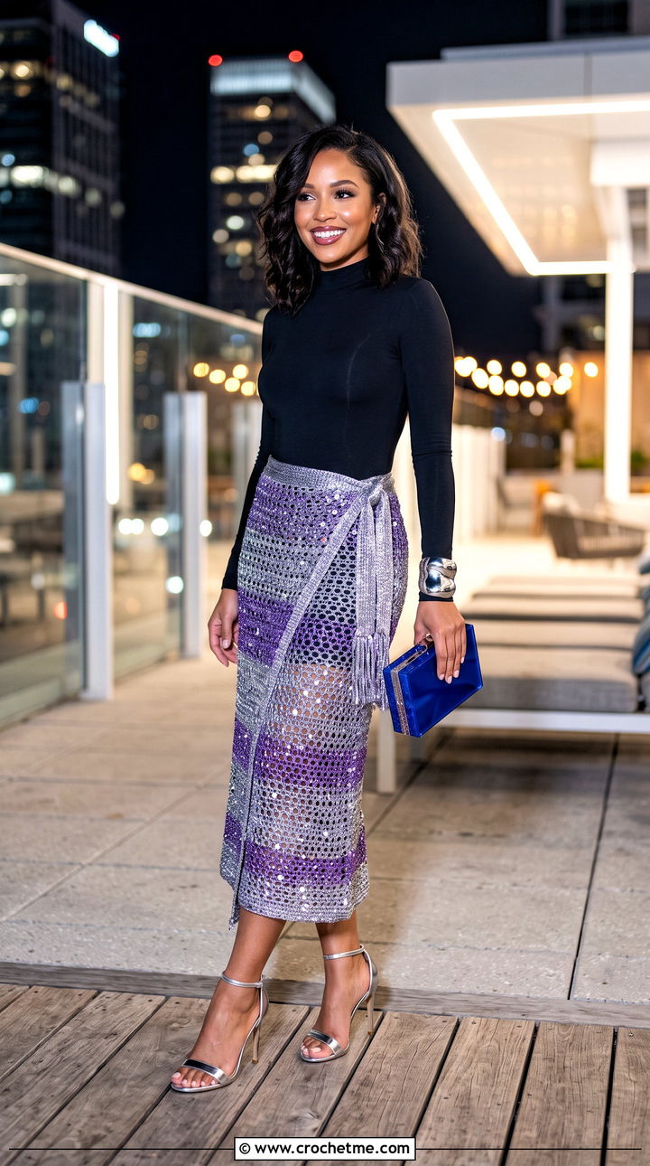 Metallic Wrap Crochet Skirt With Fitted Bodysuit - 15 wrap crochet skirt outfit ideas
