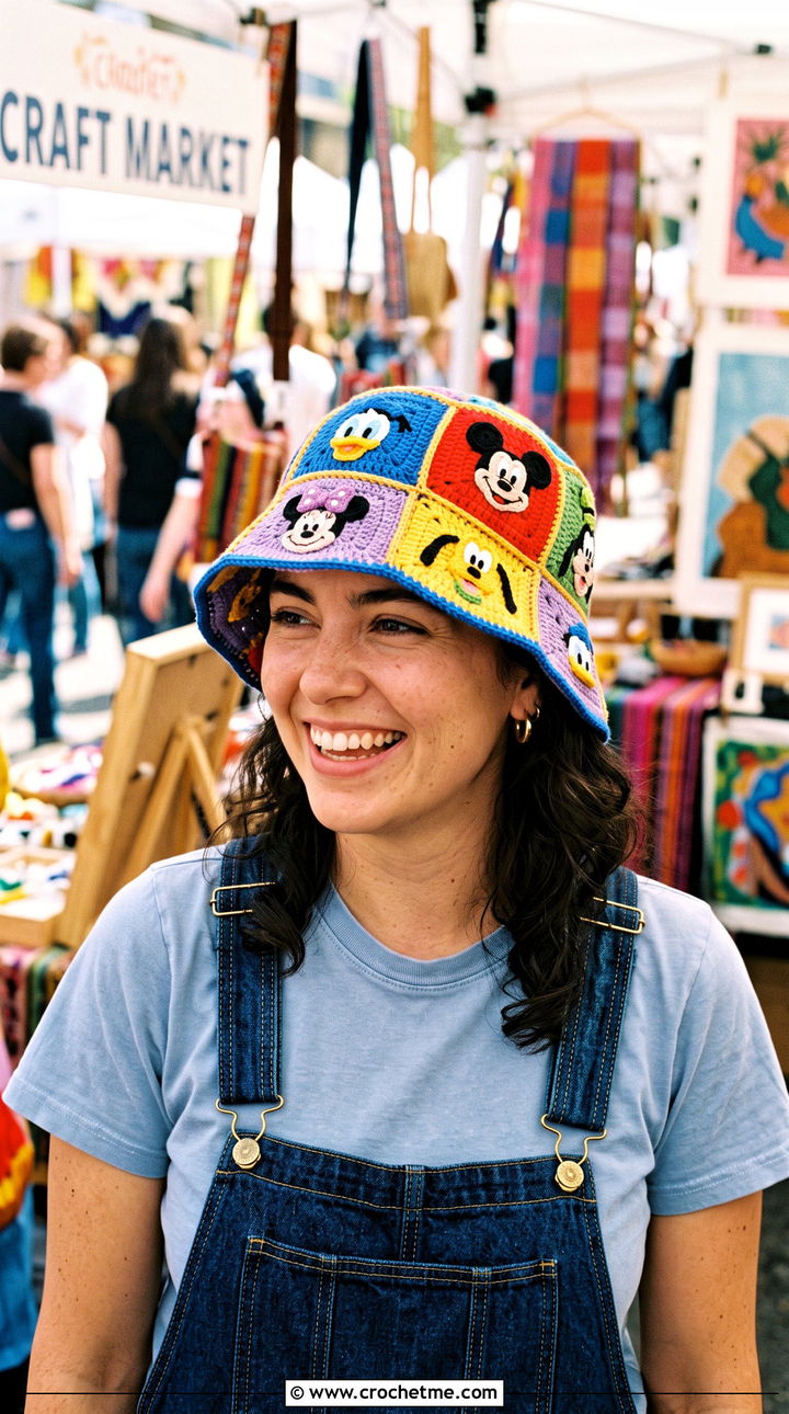 Mickey And Friends Granny Square Bucket Hat With Overalls - 30 disney crochet hat outfit ideas