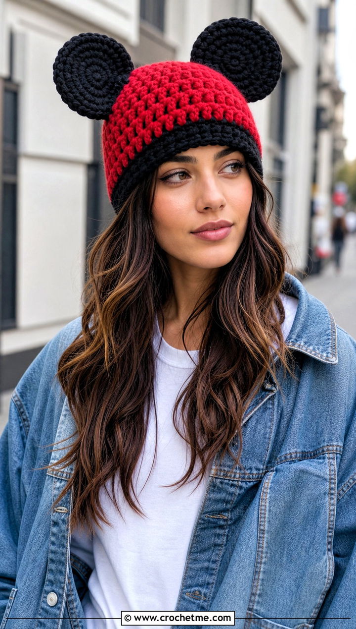 Mickey Mouse Ear Beanie With Denim Jacket - 30 disney crochet hat outfit ideas