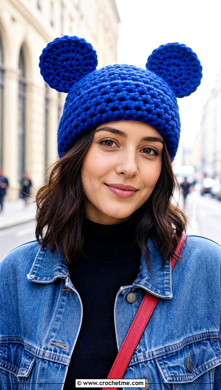 Mickey Mouse Ears Beanie With Denim Jacket - 25 Crochet Disney Beanie outfit ideas