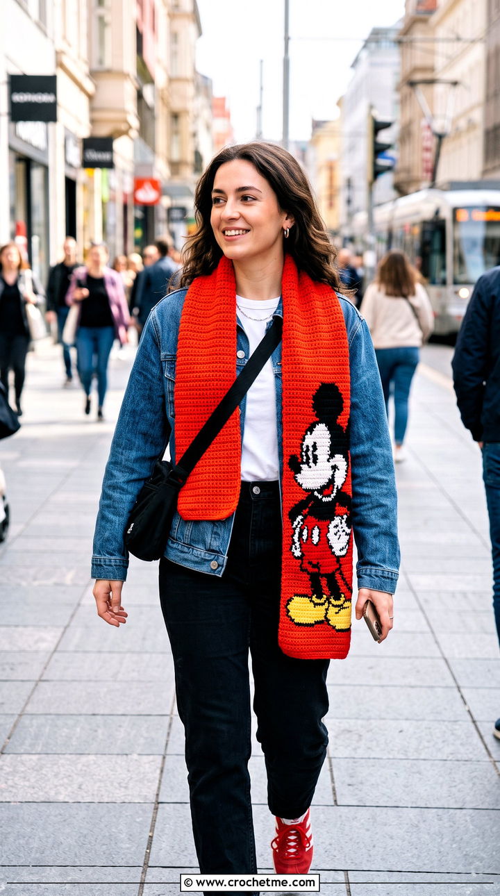 Mickey Mouse Tapestry Crochet Scarf With Denim Jacket - 20 Crochet Disney Scarf outfit ideas