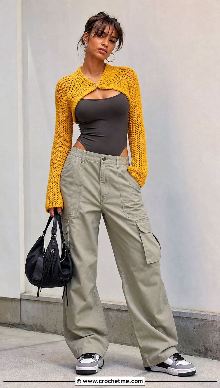 Micro Bolero Crochet Y K Cardigan With Cargo Pants - 20 Crochet Y2K Cardigan outfit ideas