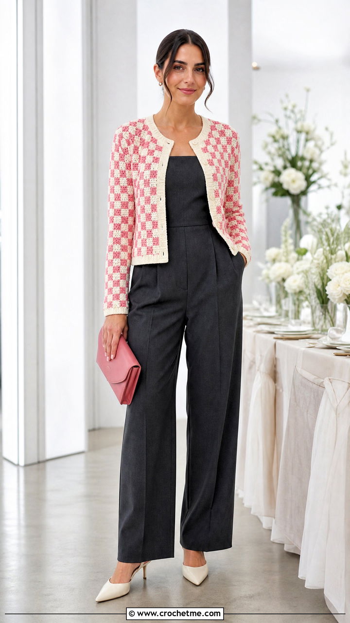 Micro Check Crochet Checkered Cardigan With Tailored Jumpsuit - 35 crochet checkered cardigan outfit ideas