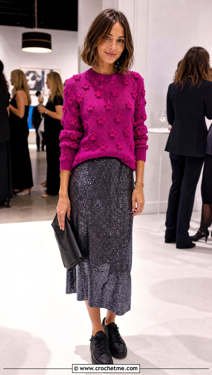 Micro Flower Crew Neck Sweater With Sequin Skirt - 30 flower crochet sweater outfit ideas