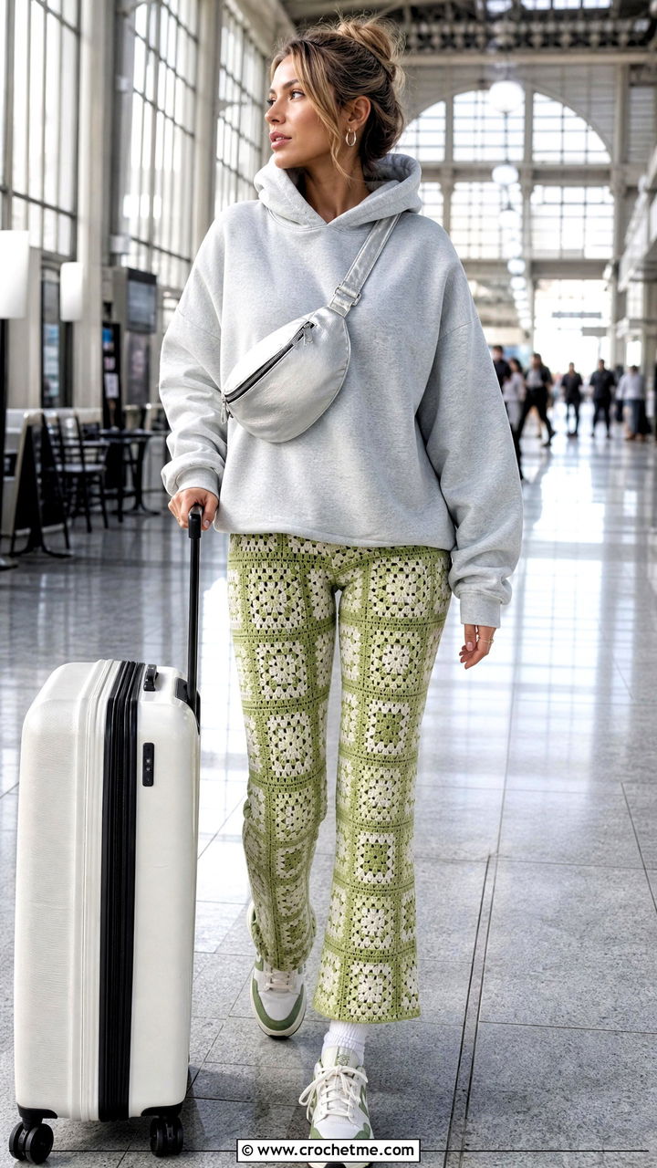 Micro Granny Square Fitted Pants With Oversized Hoodie And Trainers - 35 crochet granny square pants outfit ideas