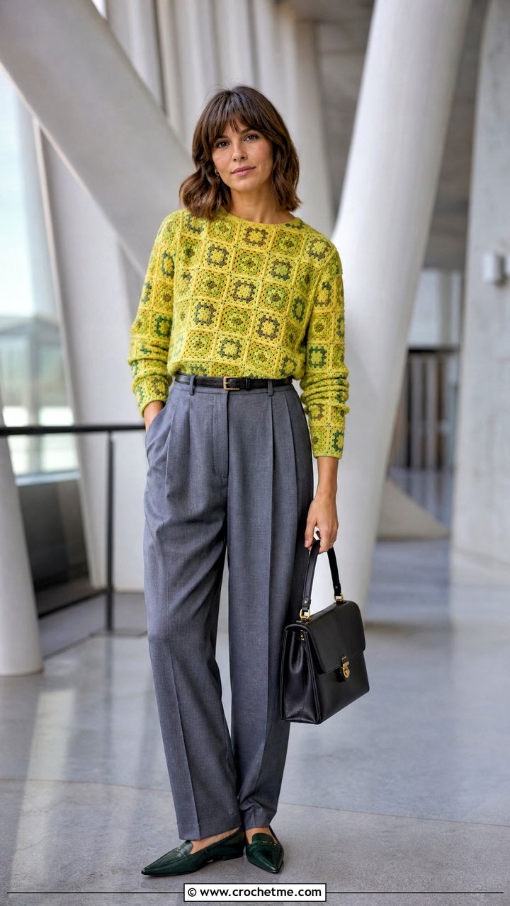 Micro Square Granny Square Sweater With Pleated Trousers - 35 crochet granny square sweater outfit ideas