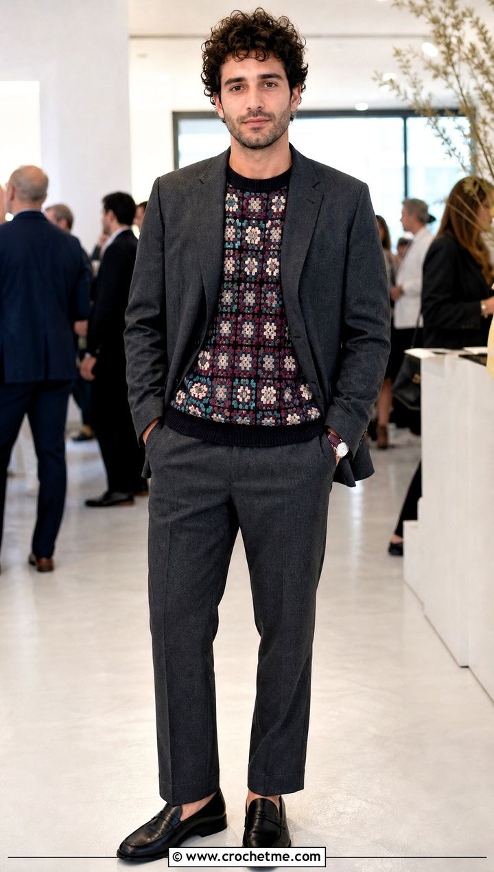 Micro Square Granny Square Sweater With Relaxed Suit - 25 Crochet Granny Square Sweater For Men outfit ideas