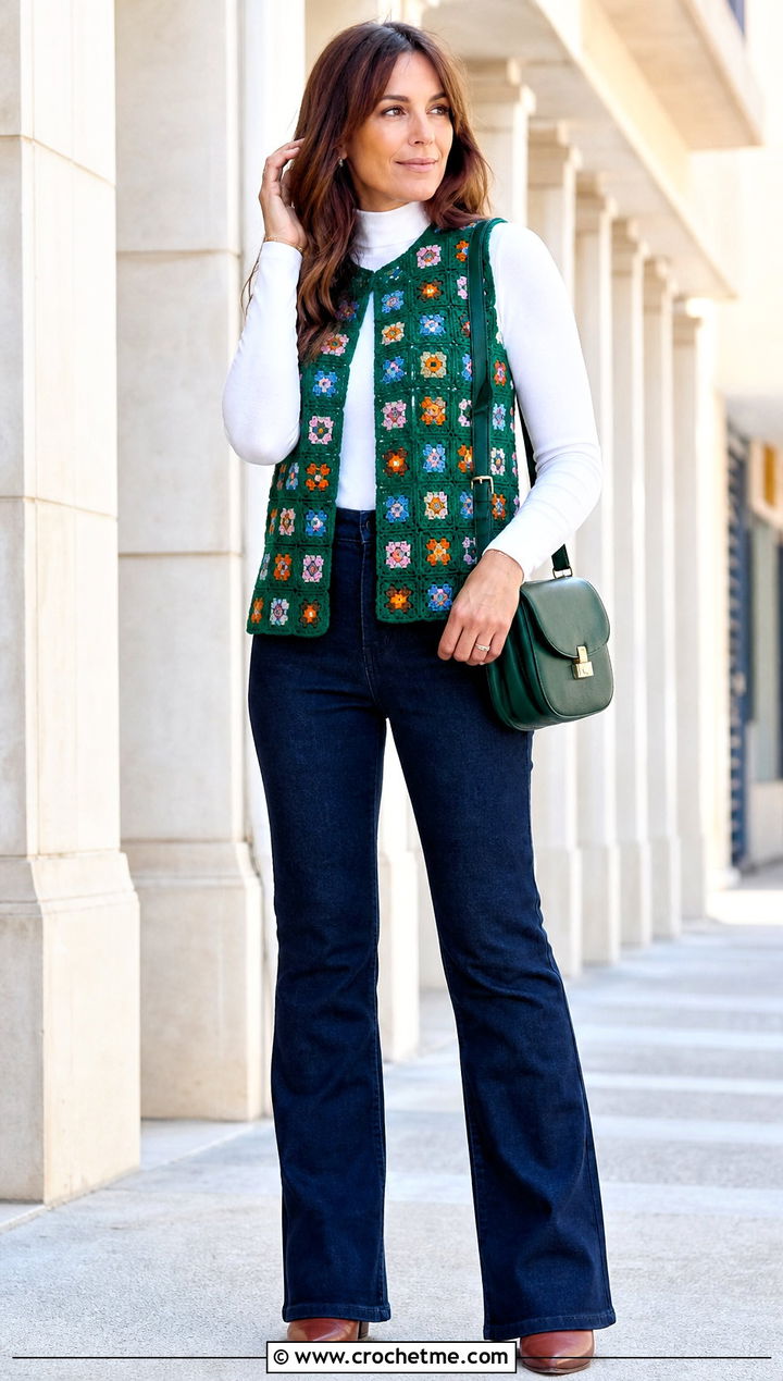 Micro Square Granny Square Waistcoat With Western Jeans - 35 granny square waistcoat outfit ideas