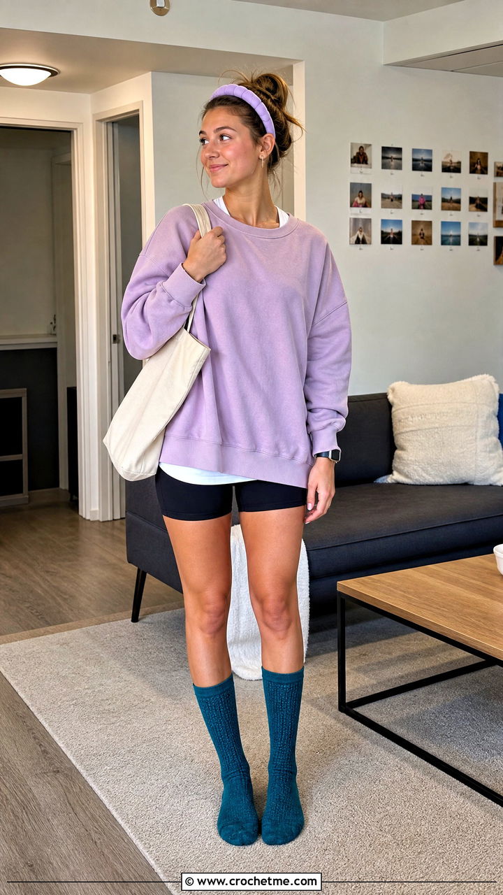 Mid Calf Bed Socks With Sweater And Bike Shorts - 35 crochet bed socks outfit ideas