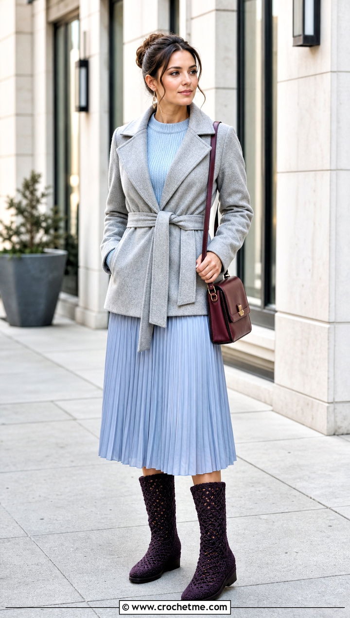 Mid Calf Crochet Boots With A Pleated Midi Skirt - 15 Colorful Crochet Boot outfit ideas