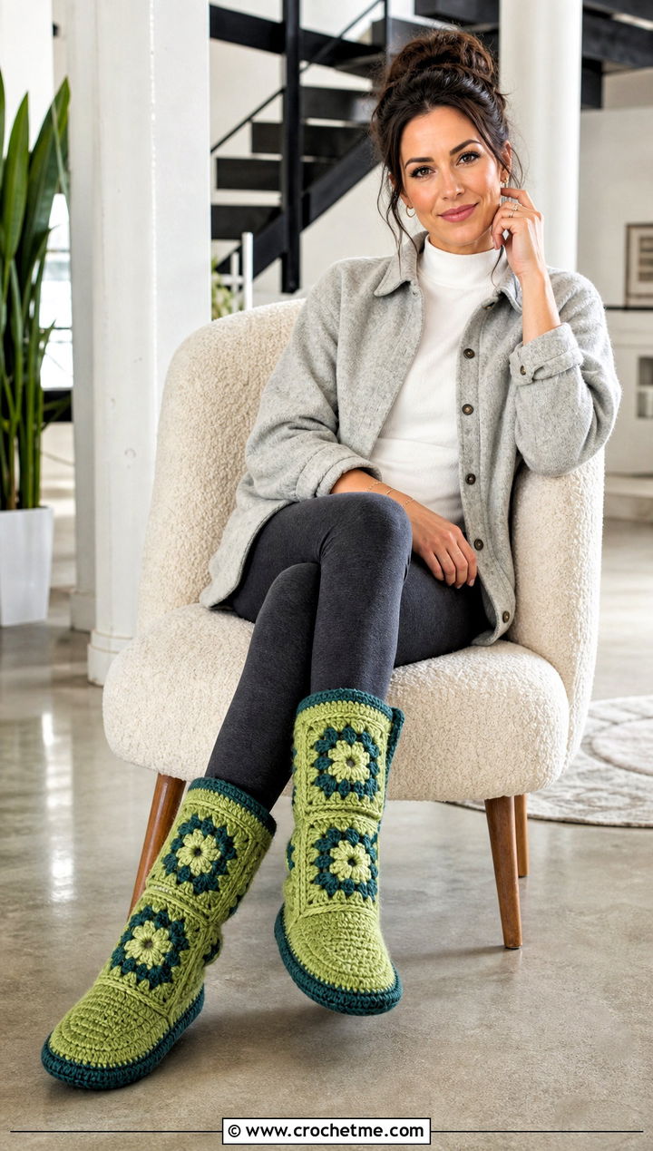 Mid Calf Granny Square Slipper Boots With A Shacket And Leggings - 15 Granny Square Slipper Socks outfit ideas