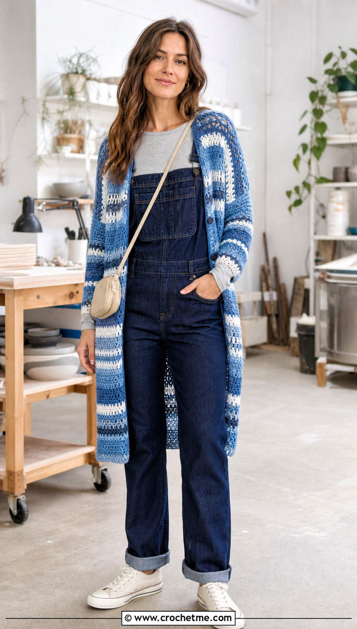 Mid Length Riverbed Crochet Cardigan With Denim Overalls - 25 riverbed crochet cardigan outfit ideas