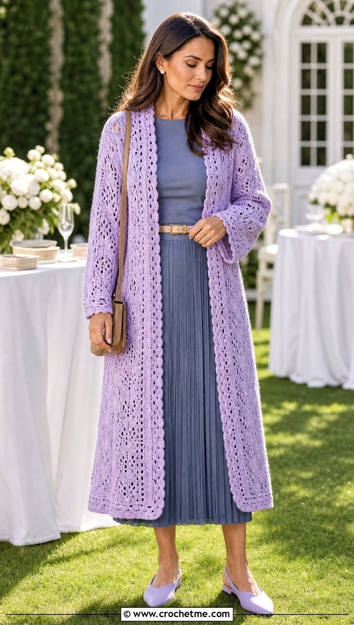 Midi Crochet Bathrobe With Pleated Skirt - 30 crochet bathrobe outfit ideas