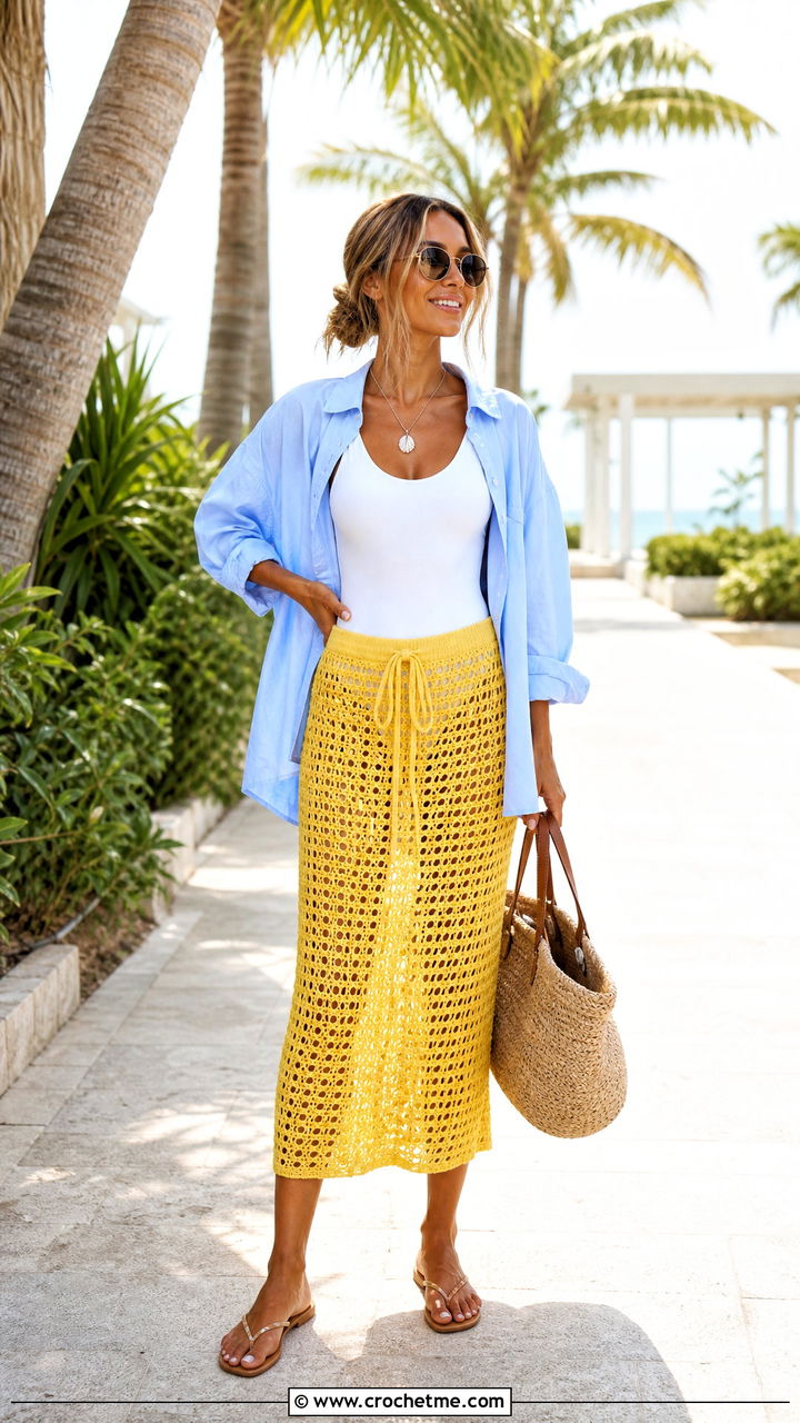 Midi Crochet Beach Skirt With Oversized Shirt - 35 Crochet Beach Skirt outfit ideas