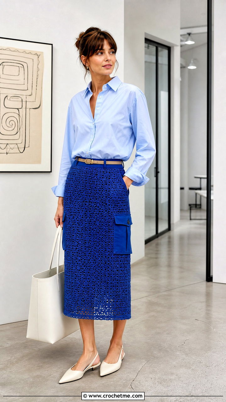Midi Crochet Cargo Skirt With Poplin Shirt - 35 crochet cargo skirt outfit ideas