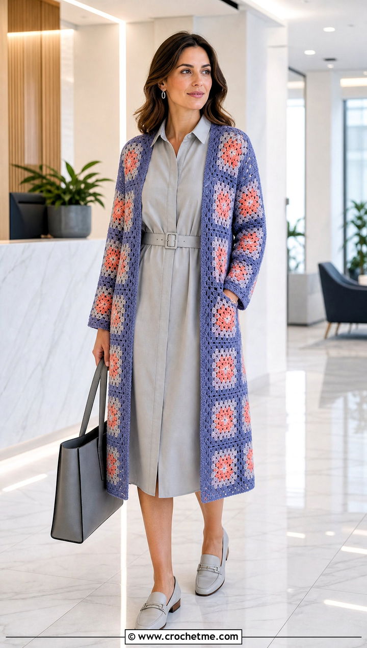 Midi Granny Square Duster With Shirt Dress - 35 granny square duster outfit ideas