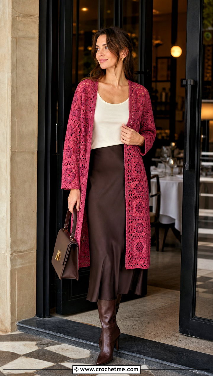 Midi Granny Square Robe With Satin Skirt - 20 granny square robe outfit ideas