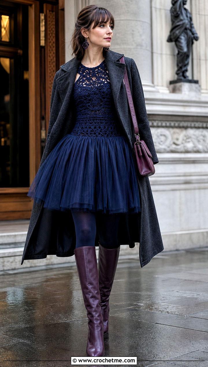 Midnight Blue Crochet Tutu Dress With Knee High Boots - 15 blue crochet tutu dress outfit ideas