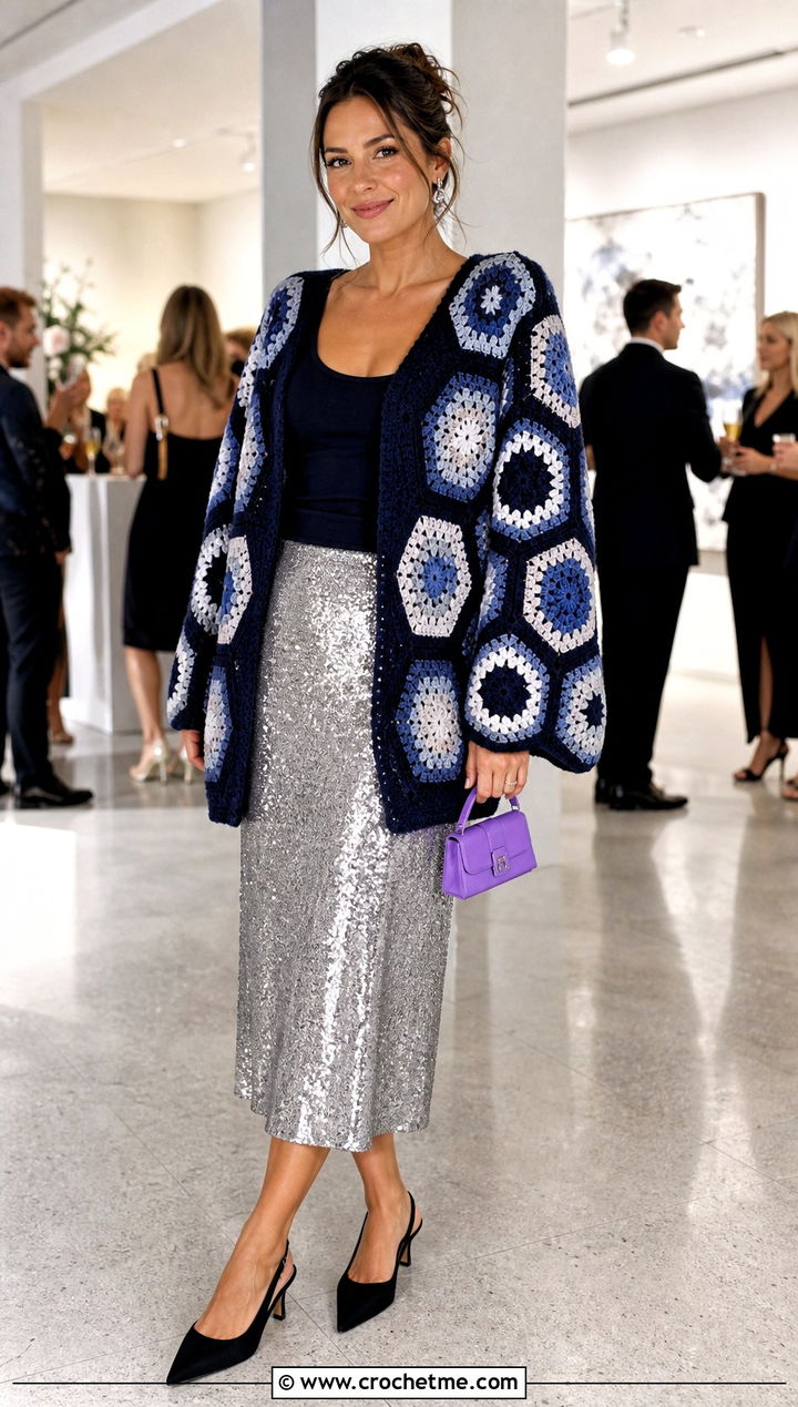 Midnight Blue Hexagon Granny Square Cardigan With Sequin Skirt - 30 blue granny square cardigan outfit ideas