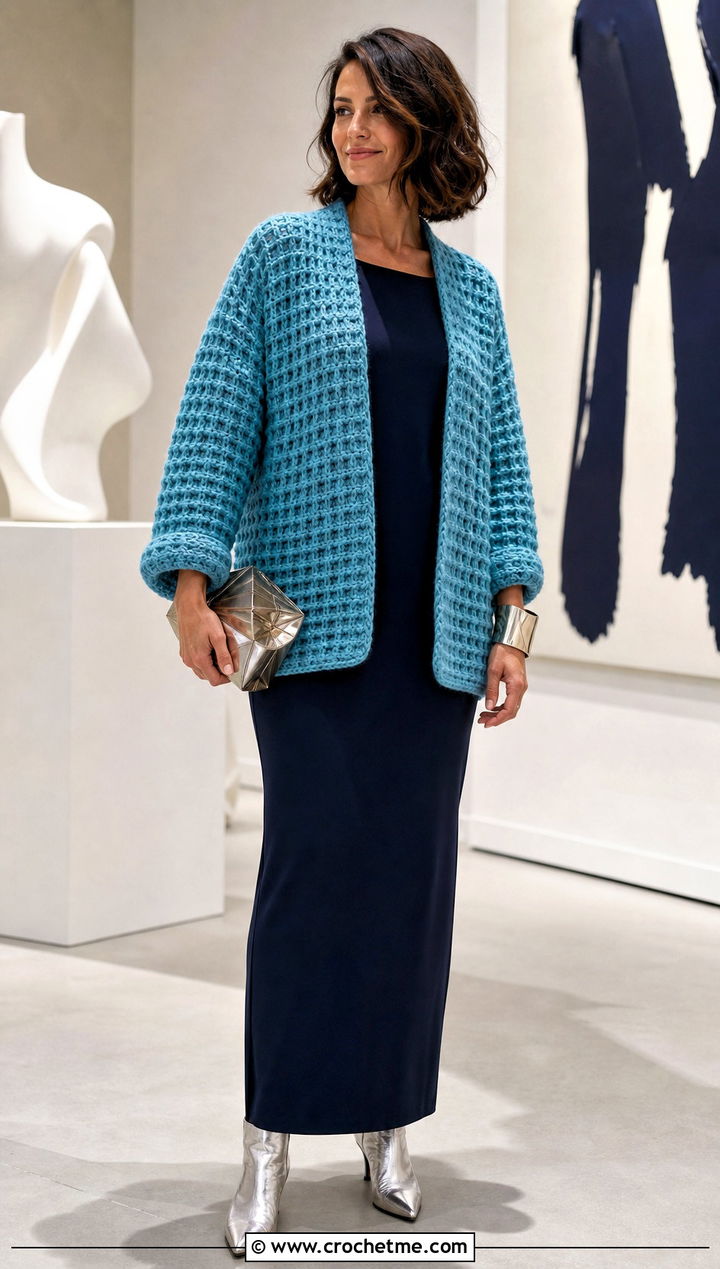 Midnight Waffle Crochet Cardigan With Column Dress - 15 midnight waffle crochet cardigan outfit ideas