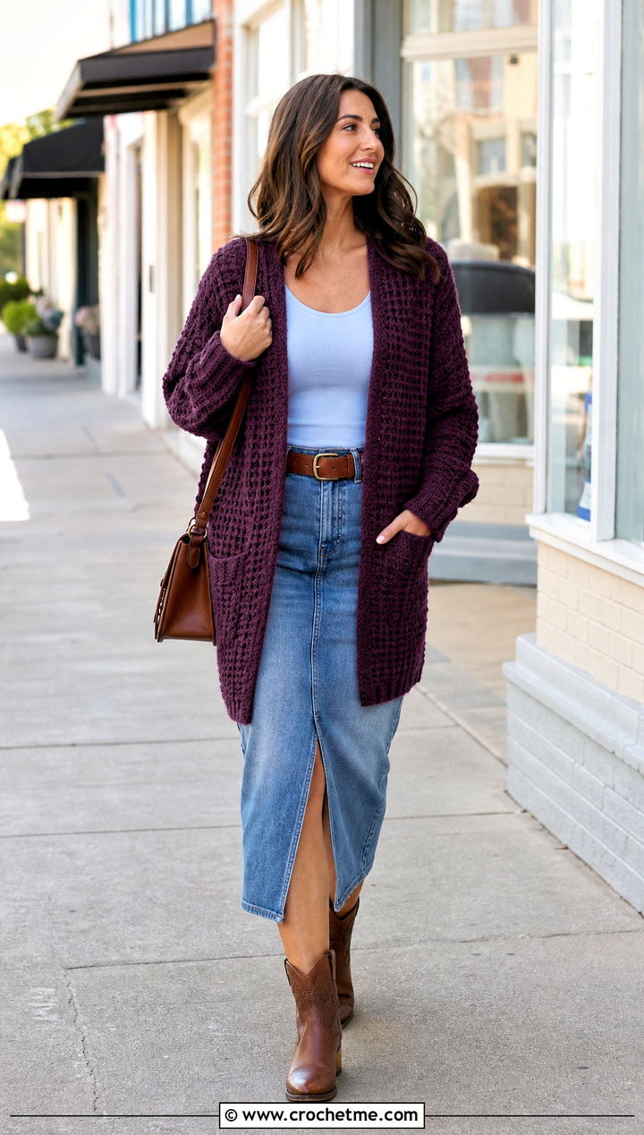 Midnight Waffle Crochet Cardigan With Denim Midi Skirt - 15 midnight waffle crochet cardigan outfit ideas