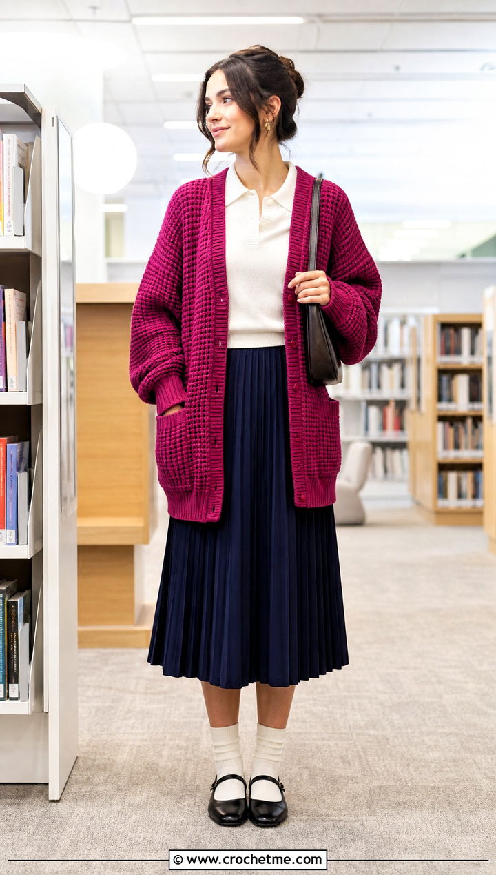 Midnight Waffle Crochet Cardigan With Pleated Midi Skirt - 15 midnight waffle crochet cardigan outfit ideas