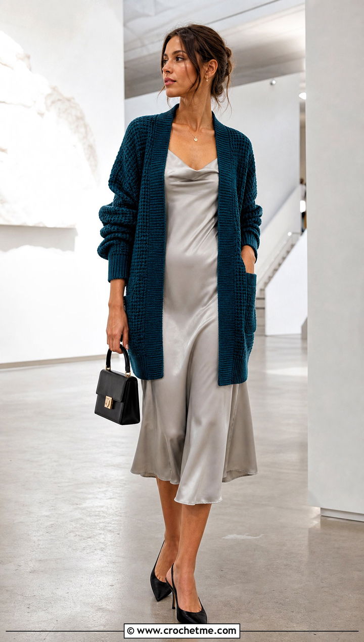 Midnight Waffle Crochet Cardigan With Satin Slip Dress - 15 midnight waffle crochet cardigan outfit ideas