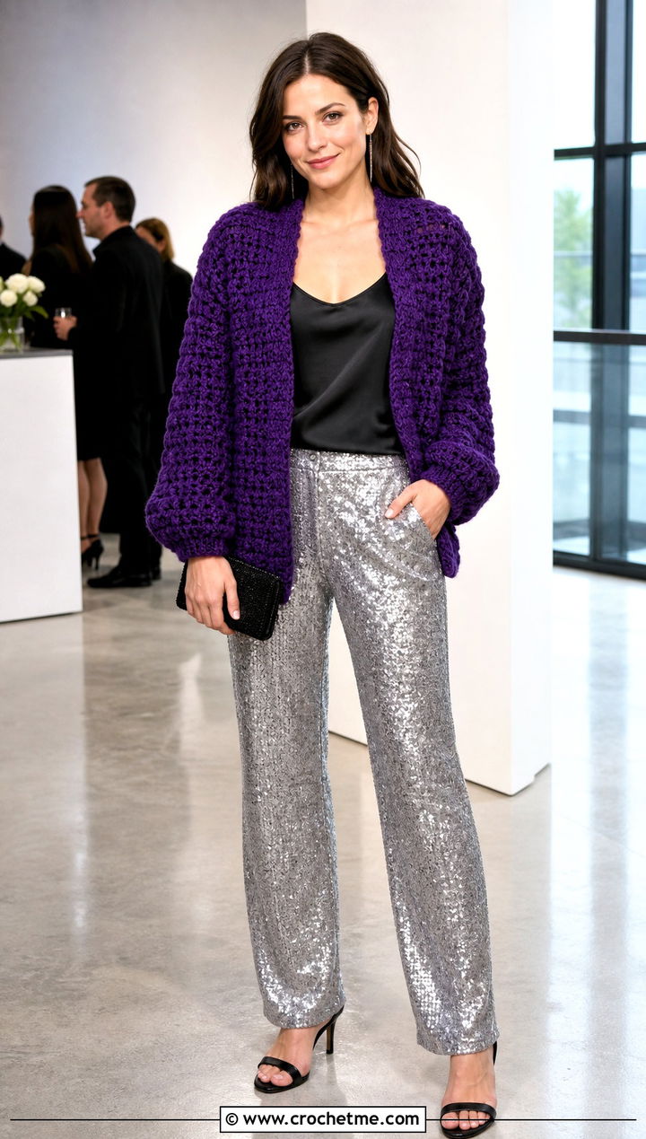 Midnight Waffle Crochet Cardigan With Sequin Trousers - 15 midnight waffle crochet cardigan outfit ideas