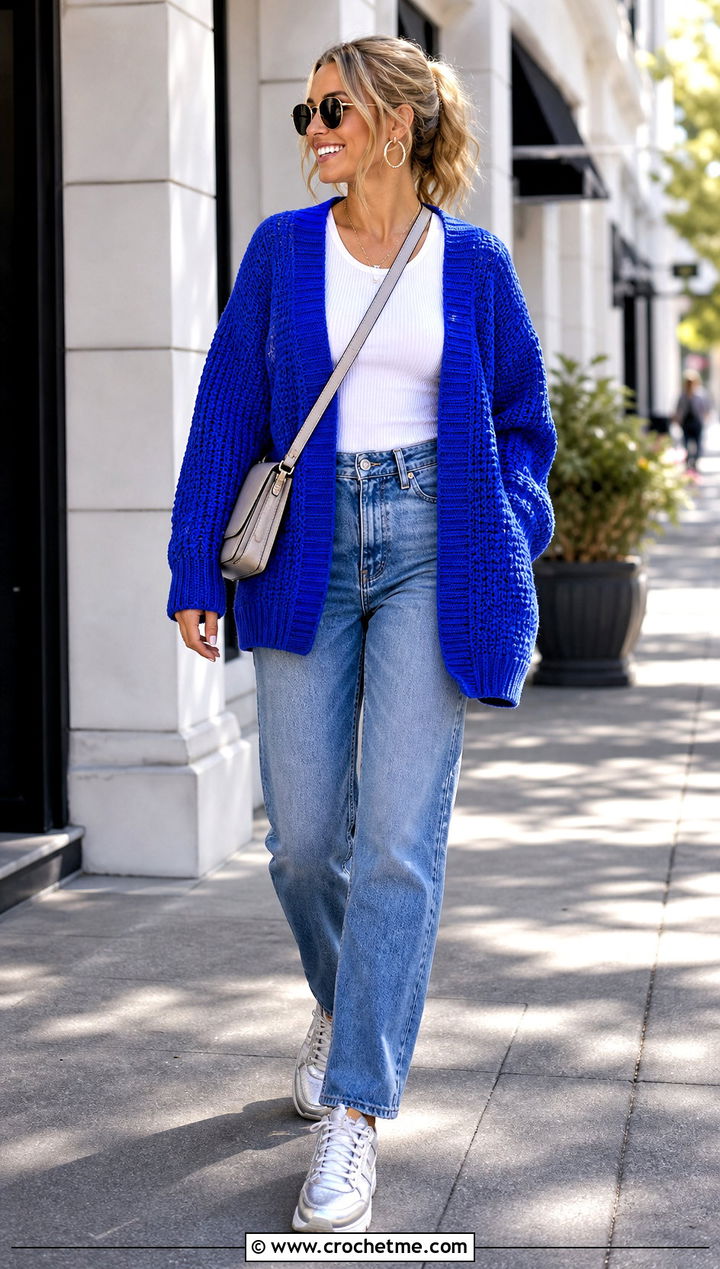 Midnight Waffle Crochet Cardigan With Straight Leg Jeans - 15 midnight waffle crochet cardigan outfit ideas