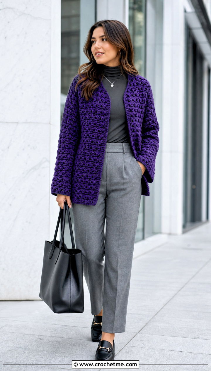 Midnight Waffle Crochet Cardigan With Tailored Trousers - 15 midnight waffle crochet cardigan outfit ideas