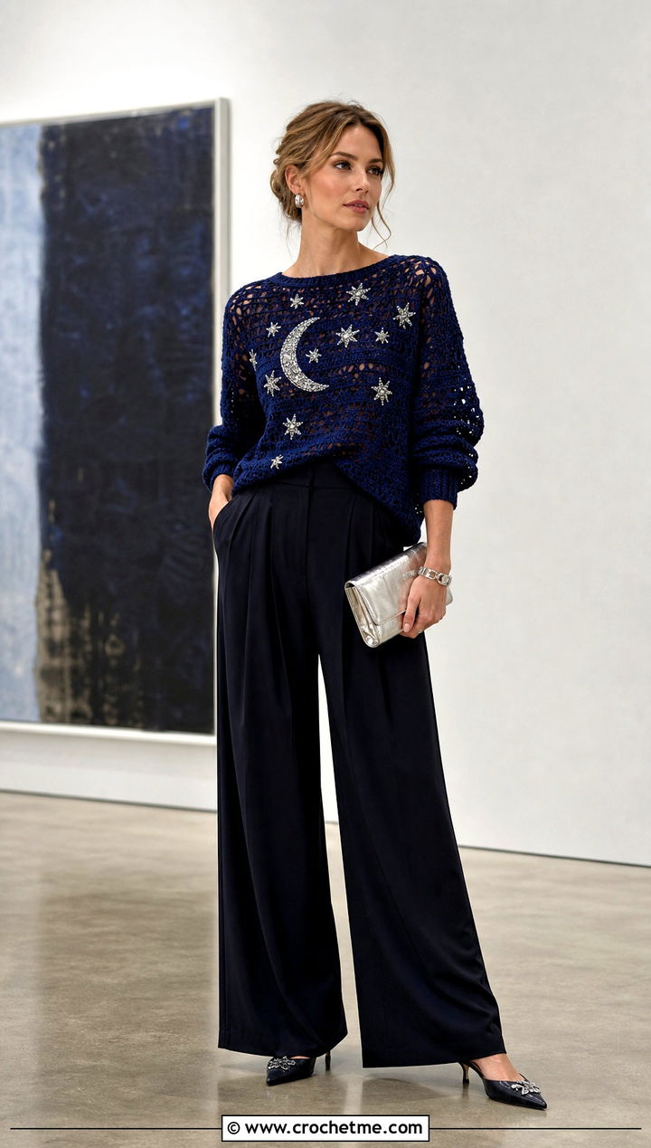 Midnights Celestial Crochet Sweater With Wide Leg Trousers - 25 taylor swift crochet sweater outfit ideas