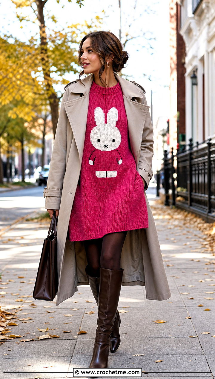 Miffy Crochet Sweater Dress With Trench Coat - 25 Miffy Crochet Dress outfit ideas