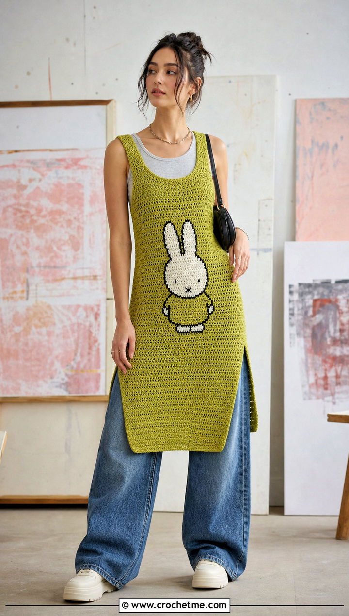 Miffy Crochet Tunic Dress Over Wide Leg Jeans - 25 Miffy Crochet Dress outfit ideas