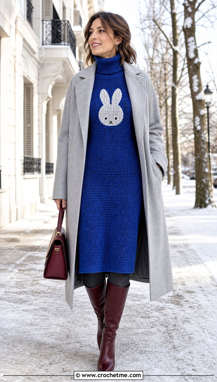 Miffy Crochet Turtleneck Midi Dress With Wool Coat - 25 Miffy Crochet Dress outfit ideas