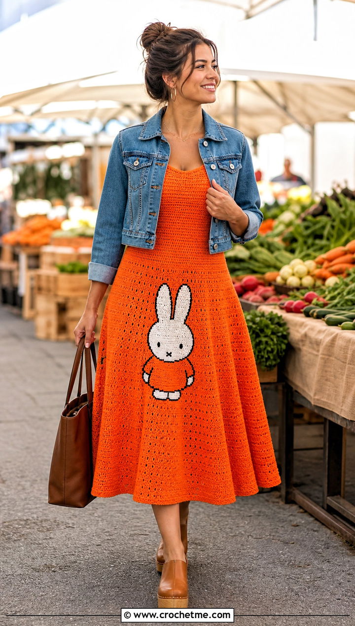 Miffy Flared Crochet Midi Dress With Denim Jacket - 25 Miffy Crochet Dress outfit ideas