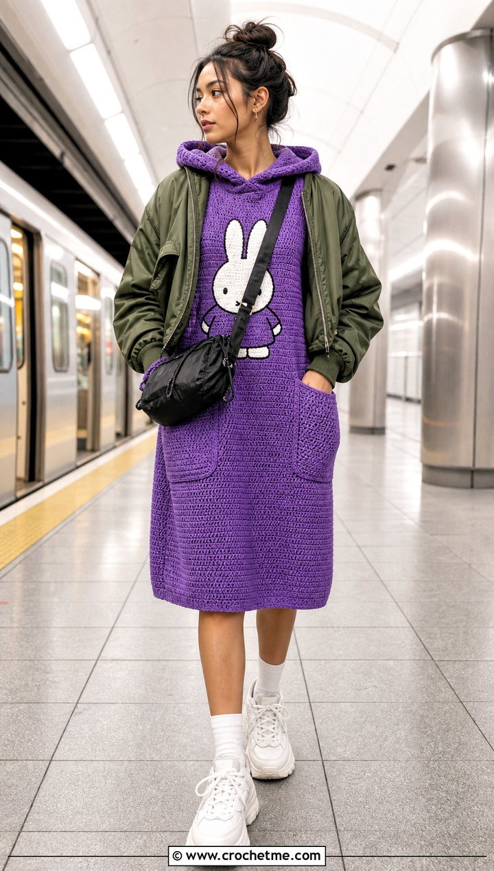 Miffy Hooded Crochet Dress With Bomber Jacket - 25 Miffy Crochet Dress outfit ideas