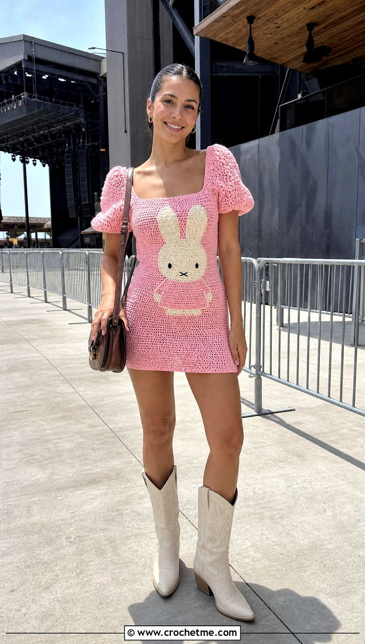 Miffy Puff Sleeve Crochet Mini Dress With Western Boots - 25 Miffy Crochet Dress outfit ideas