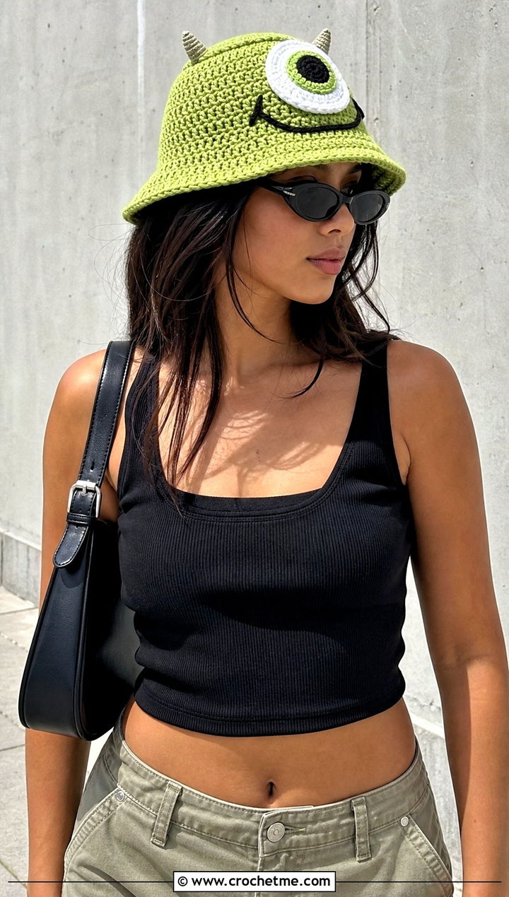 Mike Wazowski Crochet Bucket Hat With Cargo Pants - 25 Monsters Inc Crochet Hat outfit ideas