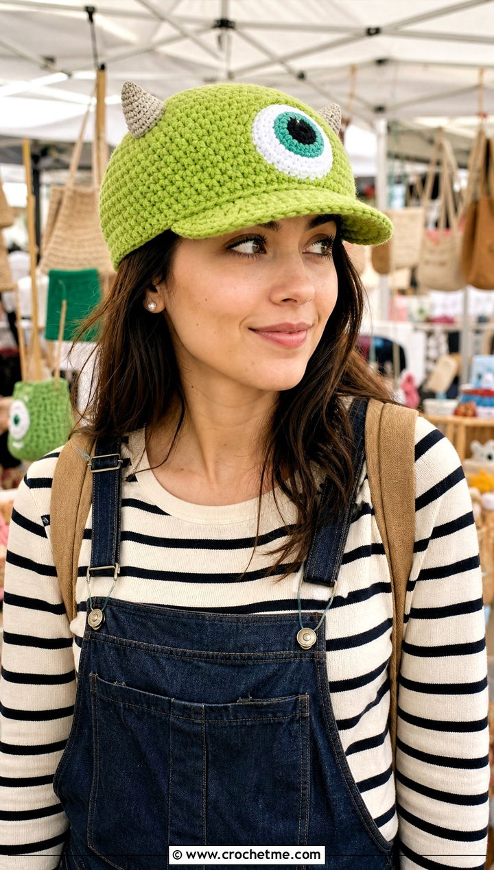 Mike Wazowski Crochet Newsboy Cap With Overalls - 25 Monsters Inc Crochet Hat outfit ideas