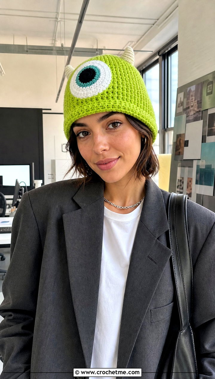 Mike Wazowski Cuffed Crochet Beanie With Blazer - 25 Monsters Inc Crochet Hat outfit ideas