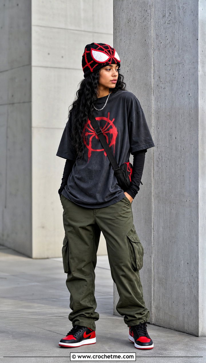 Miles Morales Crochet Spider Man Beanie With Cargo Pants - 35 crochet spider man beanie outfit ideas